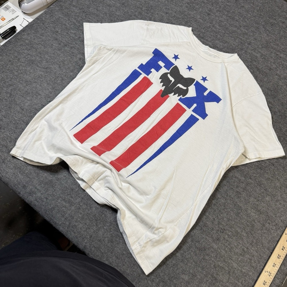 Fox Racing Mens White 4th of July American Flag Logo Graphic T-Shirt Large Y2K